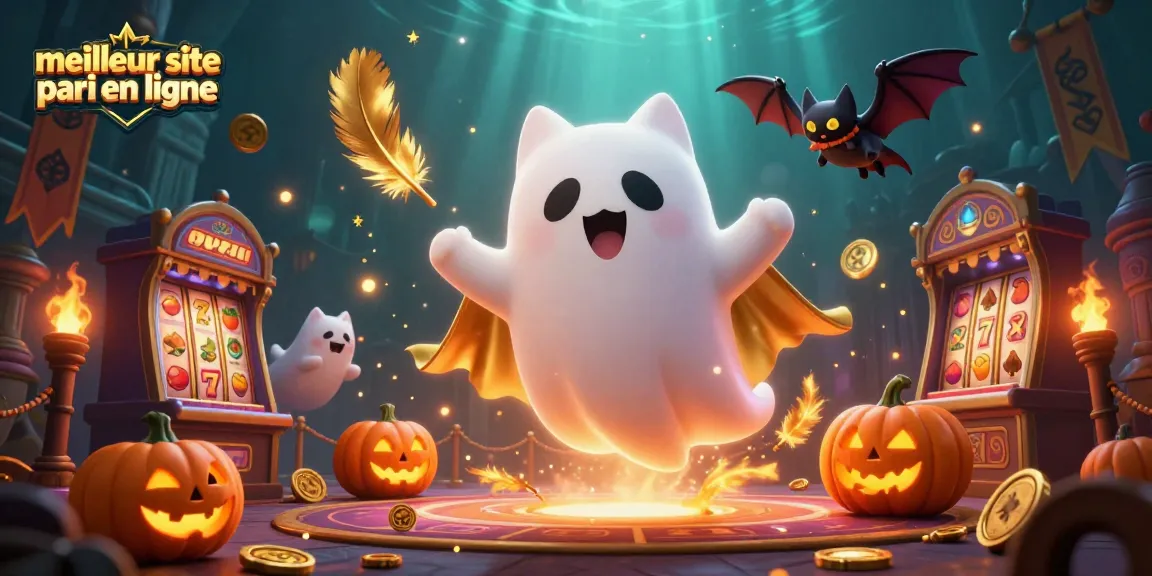 Scène dynamique animée présentant le meilleur site pari en ligne avec un chat fantôme et des éléments de jeux.