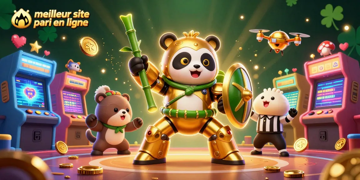 Illustration du meilleur site de paris en ligne avec un panda doré en mécha dans une arène animée.